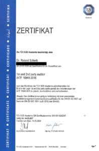 Zertifikat 1st and 2nd Party Auditor IATF 16949, gültig bis 24.05.2027, ausgestellt für Dr. Roland Scherb