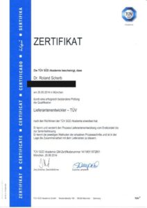 Zertifikat Lieferantenentwickler, ausgestellt 2014 für Dr. Roland Scherb